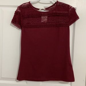 Three Lace T-shirts in burgundy, grey, and blush.